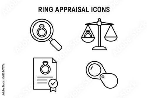 Ring appraisal icons set with outline magnifying glass, scale, certification document, jeweler loupe, jewelry evaluation process, quality inspection, gemstone verification, vector illustration
