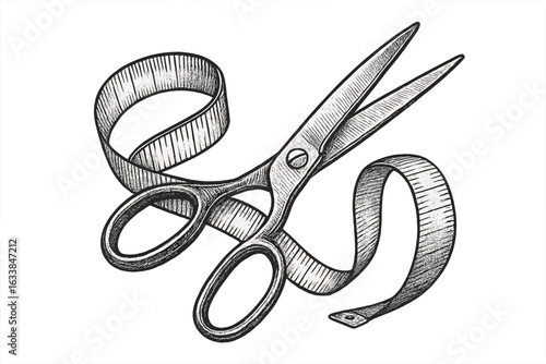 Engraved vintage tailor scissors and measuring tape vector illustration. Sewing tools, dressmaking accessories, fashion design equipment, retro etching style. Tailor's workspace, craft concept.