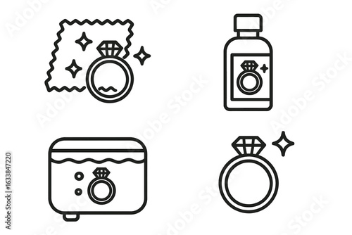 Jewelry Ring Care Outline Icon Set. Vector Illustration Featuring Engagement Ring Polishing Cloth, Cleaning Solution Bottle, Ultrasonic Cleaner Machine, Sparkling Diamond, Jewelry Maintenance Tools