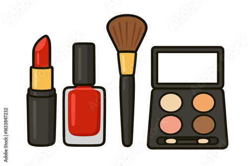 Essential makeup tools vector illustration including lipstick, nail polish, brush, and eyeshadow palette, cartoon style, beauty products, cosmetic accessories on transparent background, flat design