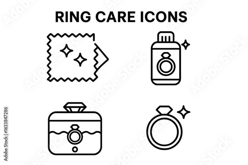 Ring Care Icons Set. Outline Vector Collection of Jewelry Cleaning Tools, Polishing Cloth, Ring Cleaning Solution, Ultrasonic Cleaner, Sparkling Engagement Jewelry, Maintenance Symbols.