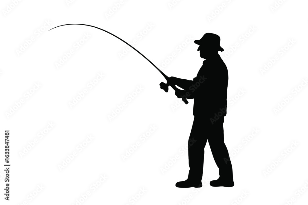 Obraz premium Silhouette of Adult Man Fishing with Rod and Reel, Angler Casting Line, Fisherman in Hat Leisure Activity, Black Vector Isolated Figure, Recreational Fishing Sportsman Outdoors