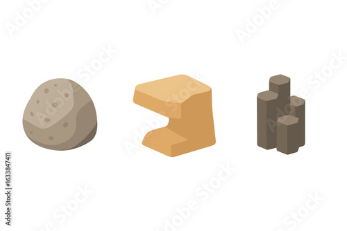 Isometric Rock Formation Icon Set. Flat Vector Collection of Geological Elements, Eroded Stone, Sedimentary Layer, Basalt Columns, Rock Texture, Mineral Deposit, Abstract Natural Landform