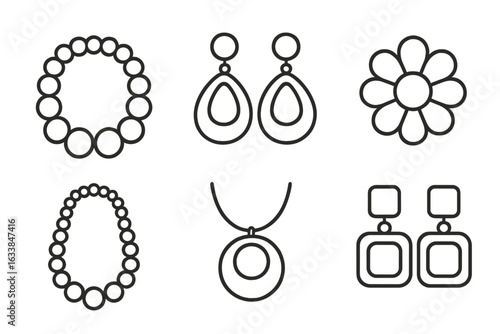 Retro jewelry outline icons vector set. 1960s costume accessories, chunky plastic bead necklaces, oversized acrylic earrings, mod flower brooch, minimalist pendant. Black line illustration.