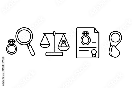 Jewelry Appraisal and Valuation Icons Set. Outline ring assessment, magnifying glass inspection, gemstone weighing scale, certification document, jeweler loupe. Professional gem evaluation vector.