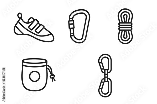 Rock climbing gear outline icon set. Vector illustration of climbing equipment including climbing shoe, carabiner, rope coil, chalk bag, quickdraw. Minimalist linear style. Outdoor adventure.