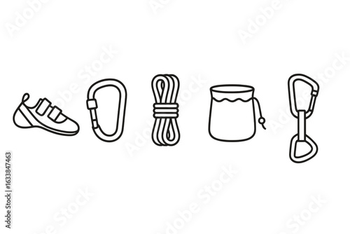 Rock climbing equipment outline icons set. Vector illustration of climbing shoe, locking carabiner, climbing rope, chalk bag, quickdraw. Minimal linear style. Essential rock climbing gear.