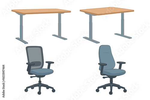 Modern ergonomic workspace with adjustable standing desks and office chairs. Home office furniture. Workplace organization. Healthy posture setup. Minimalist workspace interior. Productivity concept.