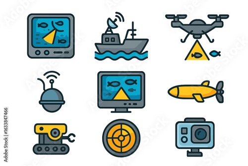 Marine technology exploration icons set. Underwater sonar, fish finder, drone, submarine, robot, sonar display, fishing detector, research ship, aquatic monitoring camera. Ocean research concept.