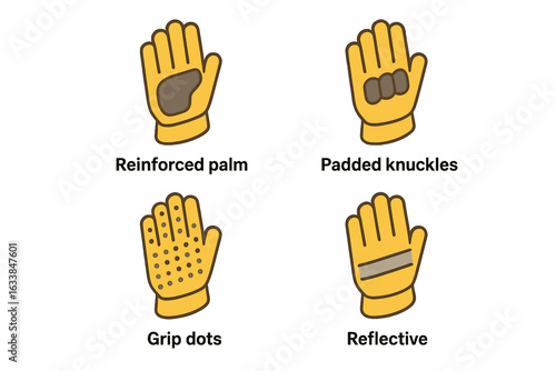Safety glove features vector icons set. Isometric illustrations of reinforced palm, padded knuckles, grip dots, reflective strips. Protective work gloves equipment, hand safety concepts.