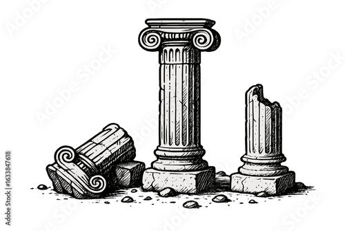 Ancient Greek Roman Ruins with Crumbling Ionic Columns. Classical Architecture Ruined Pillars. Historical Monument Debris. Archeological Site. Broken Stone Columns Vector Isolated Illustration