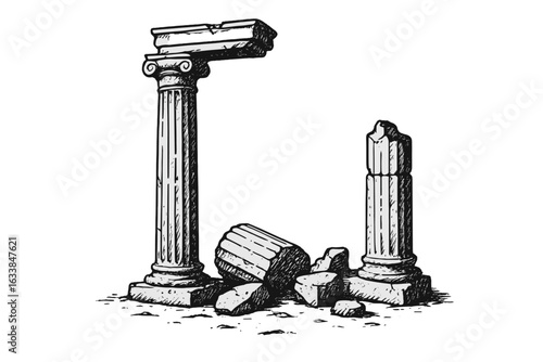 Ancient Greek Roman Ruins Illustration. Crumbling Corinthian Ionic Doric Columns. Ruined Classical Architecture. Old Historic Landmark. Archaeology Site Debris. Antique Monumental Stone Pillars