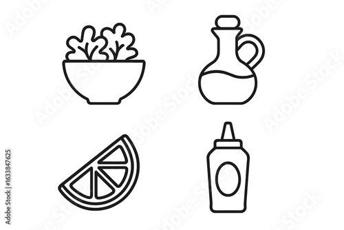 Outline Salad Dressing Icons Set. Salad Bowl, Olive Oil, Balsamic Vinegar, Lemon Wedge, Mustard Squeeze Bottle. Clean Vector Illustration. Healthy Condiments, Cooking Ingredients, Food Elements