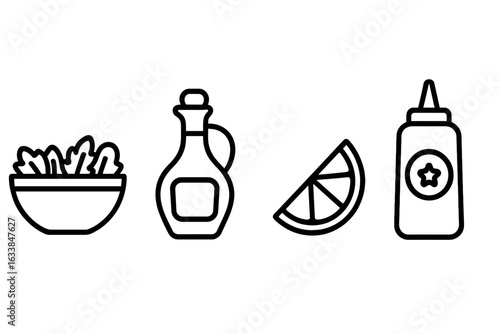 Outline salad dressing icons set. Vector salad bowl, olive oil, balsamic vinegar, lemon wedge, mustard bottle. Healthy food ingredients, condiments, sauce, vinaigrette. Clean line art illustration