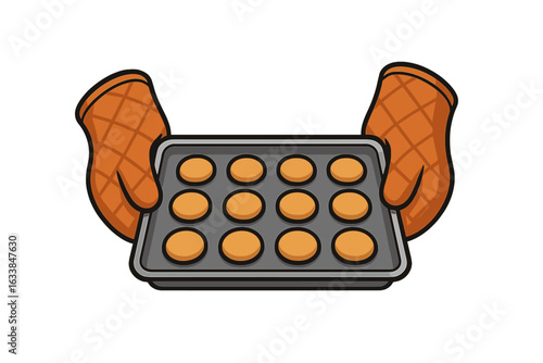 Cartoon baking tray with fresh cookies held by hands wearing oven mitts. Kitchen utensil, hot pan, baking process, homemade dessert concept. Isolated vector illustration on white background.