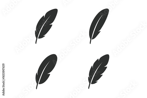 Feather silhouette icon set. Black ink quill pen feather vector illustration. Minimalist nature plumage logo. Vintage writing element. Bird feather collection. Isolated graphic symbol pack.