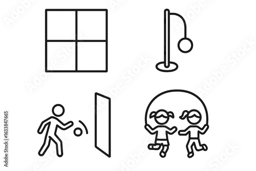 Schoolyard playground games vector icons set. Foursquare court, tetherball pole, wall ball, double Dutch jump rope. Outline childhood activities, recess, outdoor active play, sport line art
