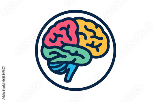 Human Brain Colorful Illustration Emblem. Neuroscience Thinking Icon. Mental Health, Cognitive Science, Psychology, Intelligence. Labeled Brain Areas, Mind Power, Education, Anatomy Vector Concept
