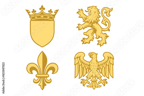 Golden heraldic symbol set with crown shield, rampant lion, fleur-de-lis, and imperial eagle. Royal medieval emblems, insignias, coat of arms, illustrated vector clipart for history or heraldry design