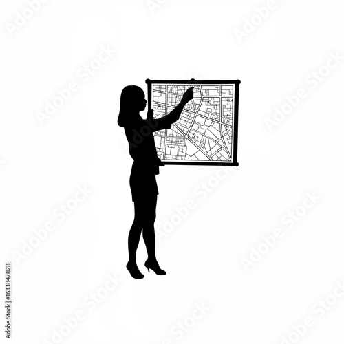 Woman studying large city map on wall for travel planning
