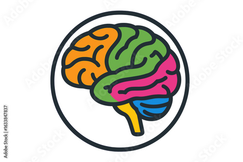 Colorful Human Brain Regions Abstract Vector Emblem. Neuroscience Anatomy, Psychology Concept, Left and Right Brain, Cognitive Function, Intelligence, Learning Icon, Medical Graphic Illustration