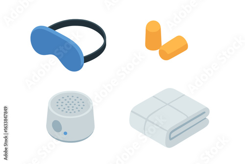 Isometric Sleep Accessories Set. Eye Mask, Earplugs, White Noise Machine, Weighted Blanket Comforter. Relaxation, Insomnia Relief, Healthy Sleep Hygiene. Vector Illustration Transparent Background