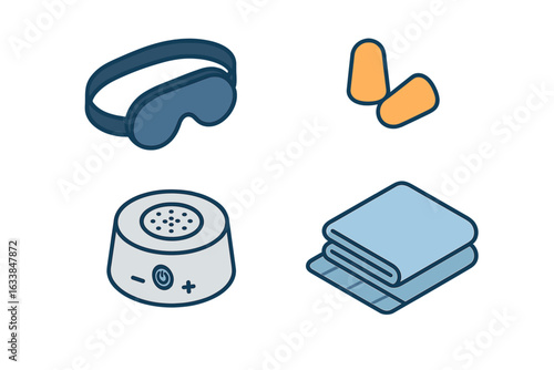 Sleep accessories isometric vector icons set. Eye mask, orange foam earplugs, white noise machine, cozy folded blanket. Bedtime essentials, sleep aids, rest, insomnia solutions, relaxation tools