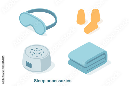 Isometric Sleep Accessories Vector Set. Sleep Mask, Earplugs, White Noise Machine, Folded Blanket, Comforter. Essential Sleeping Aids, Bedroom Items, Restful Night Icons. Home Relaxation Concept