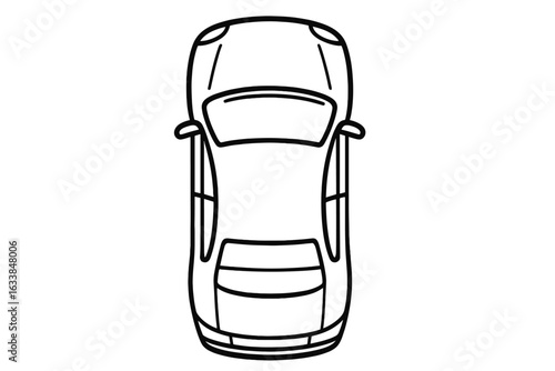 Top view car outline drawing, black line vehicle illustration, simple automobile blueprint, aerial transportation concept, isolated auto contour, editable vector, minimalistic transport design