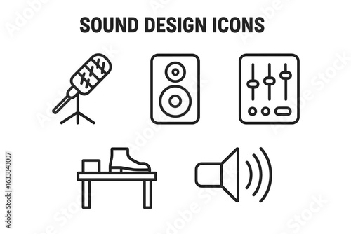 Sound Design Icons Collection. Outline Vector Set with Boom Microphone, Speaker, Audio Mixer, Foley Table, Sound Waves, Echo Effect. Music Production Equipment, Studio, Audio Engineering Concepts