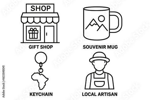 Souvenir Shopping Icon Set. Outline Vector Collection with Gift Shop, Souvenir Mug, Africa Keychain, Local Artisan. Travel Gift Purchase, Tourist Memorabilia, Shop, Shopping, Present Concept