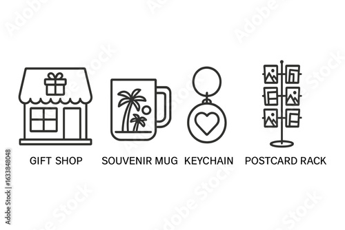 Souvenir Shop Icon Set. Outline Vector Illustration of Gift Shop, Souvenir Mug, Keychain, Postcard Rack. Tourism Retail Symbols, Travel Shopping, Local Artisan Products. Editable Line Art Isolated