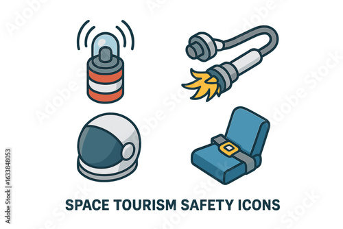 Space Tourism Safety Icons Set. Isometric Vector Collection of Spaceflight Emergency Safety Equipment, Helmet, Fire Suppression Nozzle, Emergency Beacon, Seat Belt, Astronaut Protection Symbols