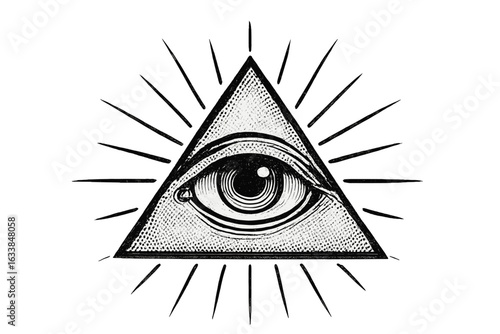 Illuminati All Seeing Eye Symbol in Triangle. Halftone Detailed Engraving. Mystic Esoteric Sacred Geometry. Enlightenment, Secrecy, Third Eye, Spiritual Vision. Vector Illustration for Graphic Design