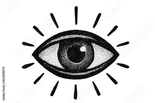 Halftone all-seeing eye icon. Vision symbol. Spiritual insight. Focused look. Engraved tattoo style sign. Mystical eye. Awareness concept. Intuition, guidance, clairvoyance, psychic perception.