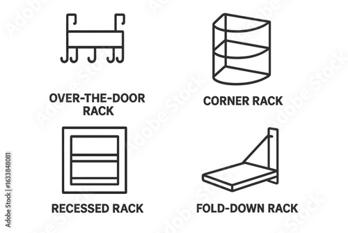Space-Saving Storage Rack Icon Set. Outline Vector Illustrations of Over-the-Door Rack, Corner Shelf, Recessed Shelf, Fold-Down Rack. Modern Minimalist Organization Solutions for Home and Office