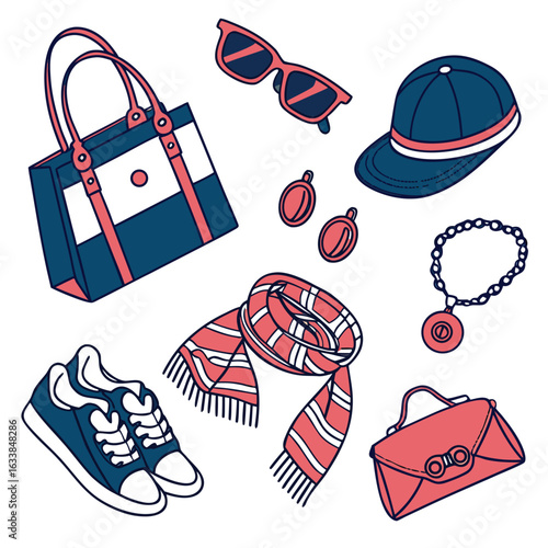 A fashion accessory vector pack handbags sunglasses shoes hats scarves and jewelry. Modern stylish flat design with trendy color palette and bold outlines