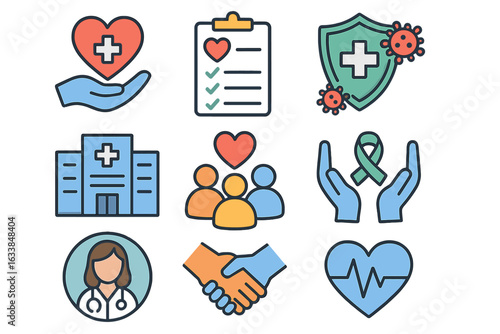 Health and wellness vector icons set featuring medical care, healthcare support, public health initiatives, hospital, doctor, teamwork, protection, heart, ribbon, checklists and community aid symbols