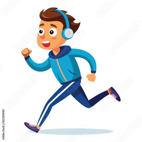 An active cartoon man jogging in a tracksuit with headphones, representing exercise, fitness, and a healthy lifestyle.