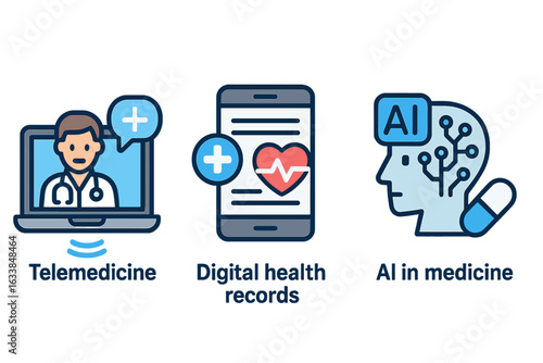 Modern Healthcare Technology Vector Icons – Telemedicine, Digital Health Records, Artificial Intelligence in Medicine, Medical Innovation, Remote Doctor Consultation, Mobile Health Applications