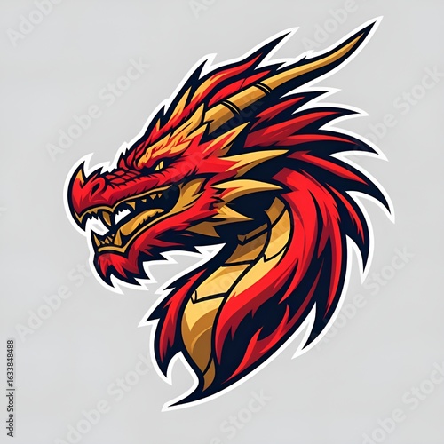 Epic dragon head gaming logo, fiery red and gold, bold lines, esport emblem style, isolated transparent PNG
