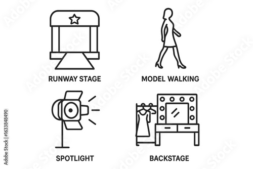 Fashion Show Runway Outline Icon Set. Vector illustration of catwalk stage, model walking silhouette, spotlight lighting equipment, backstage makeup dressing room, fashion event preparation.