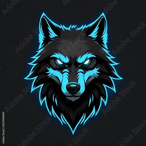 Fierce wolf head gaming logo, neon blue and black, glowing eyes, esport style, transparent background, high-resolution PNG, vector look