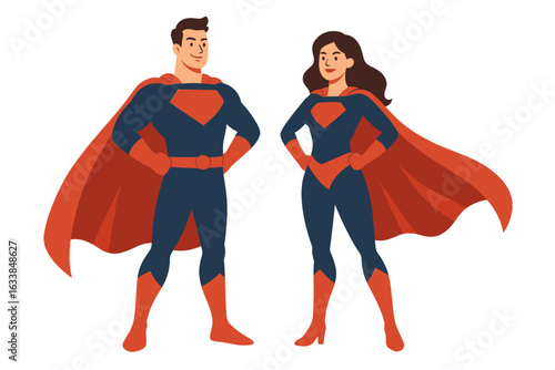 Dynamic male and female superhero couple standing side by side in matching blue and red costumes with capes, power pose, teamwork, partnership, equality, modern comic book style illustration