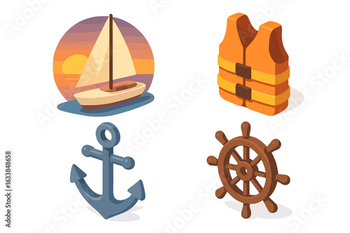 Nautical sailing vector icon set. Isometric sailboat at sunset, life jacket, anchor, ship wheel for boating, yachting, marine adventure, sea voyage, water safety, maritime navigation concept art