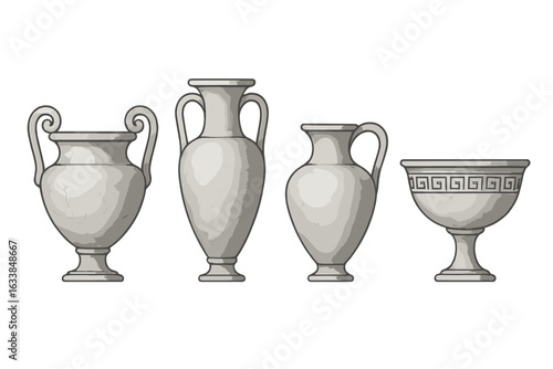Ancient Greek Marble Vases Vector Illustration. Antique Amphora, Krater, Kylix, Classical Pottery, Museum Artifact, Ornamental Urns, Historic Stoneware, Isolated Transparent Background Clipart