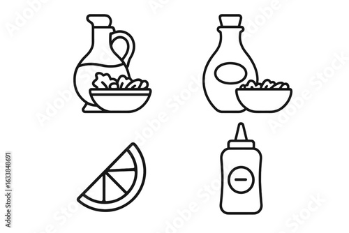 Outline Salad Dressing Icons Set. Salad Bowl, Olive Oil, Balsamic Vinegar, Lemon Wedge, Mustard Bottle. Condiments, Vinaigrette, Ingredients. Black Line Vector Illustration for Transparent Background