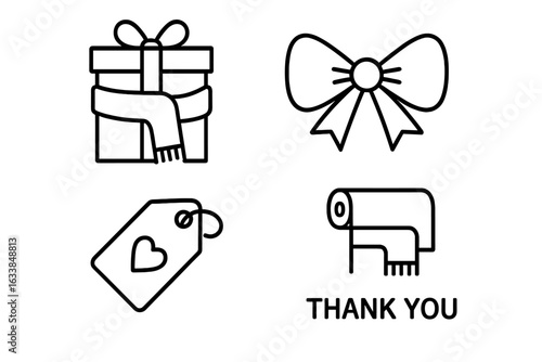 Scarf Gifting Icons Collection. Outline Vector Set of Gift Box with Scarf, Ribbon Bow, Love Gift Tag, Wrapping Paper Roll, Thank You Message. Festive Present, Holiday Packaging, Celebration Elements
