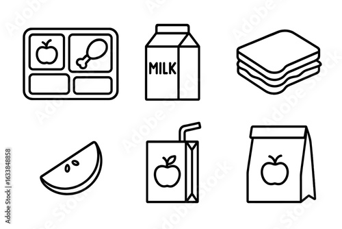 School cafeteria lunch outline icons set. Vector illustration with tray, milk carton, sandwich, apple slice, juice box, packed lunch. Healthy meal, food service, nutrition, black linear style