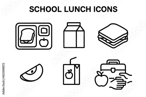 School Lunch Outline Icon Set. Cafeteria Tray with Sandwich and Apple, Milk Carton, Layered Sandwich, Apple Slice, Juice Box, Lunchbox, Sharing Food Concept, Vector Illustration